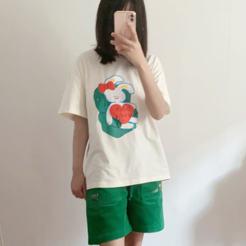 Japanese Cartoon Foam Printing Short-sleeved T-shirt Women