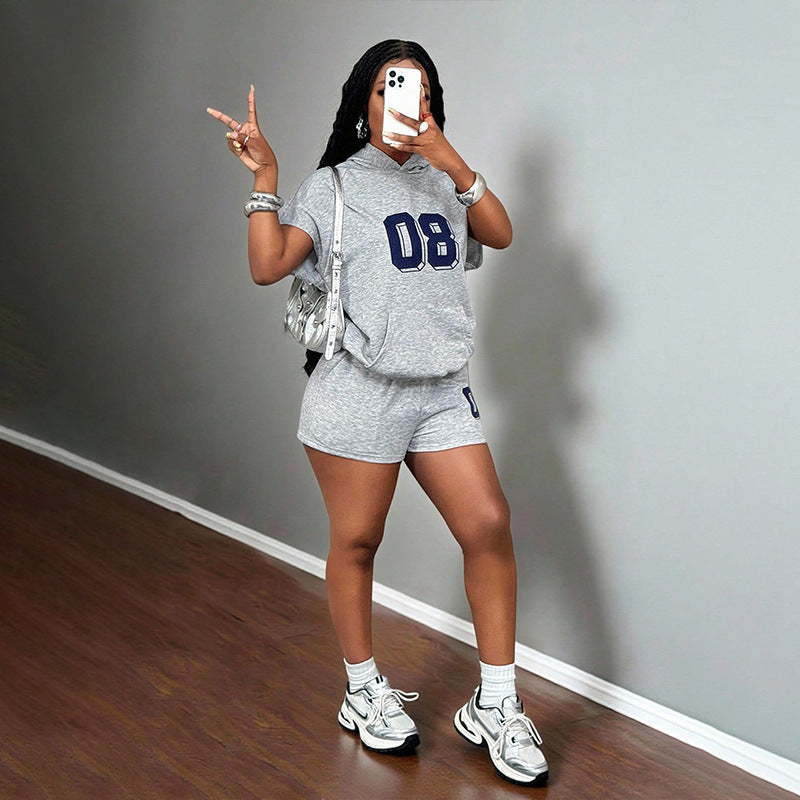 Casual Sport Solid Color Printed Letter Loose Hooded Sweatshirt Set