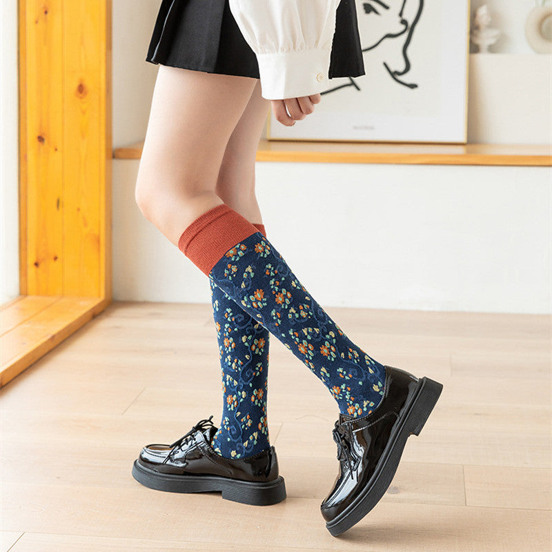 Women's Autumn And Winter Combed Cotton Floral Long Tube Socks