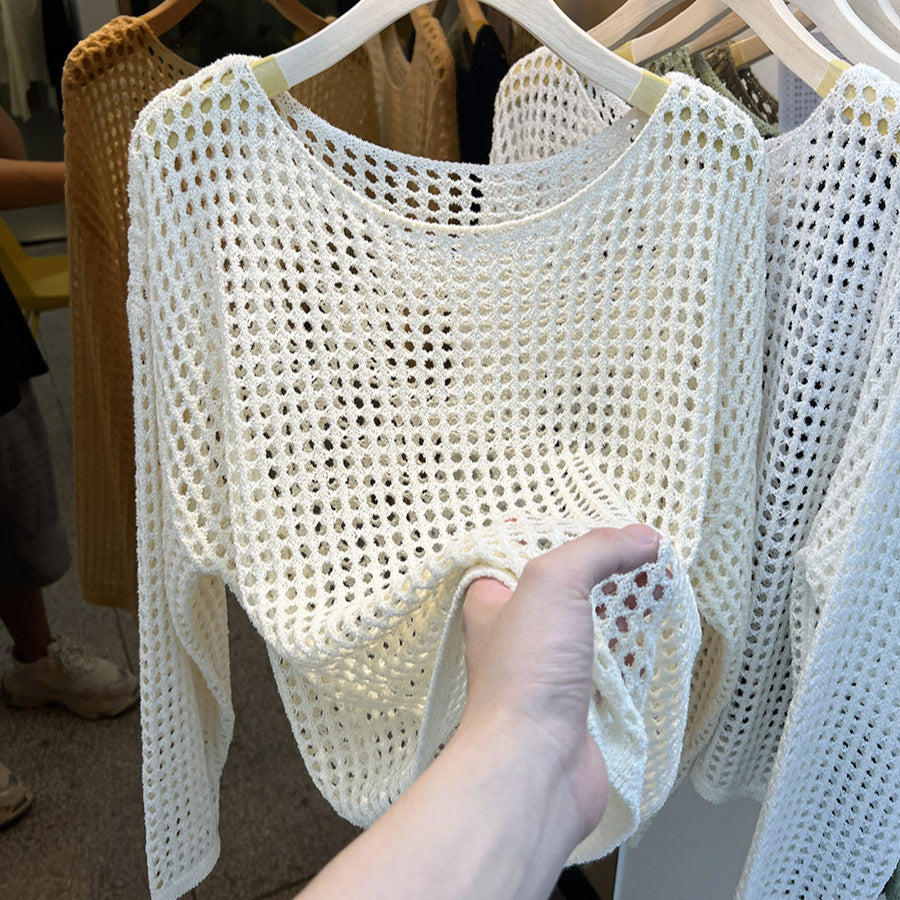 Sexy Pure Want To Wear Round Neck Long Sleeve Hollow Knitted Mesh Shirt