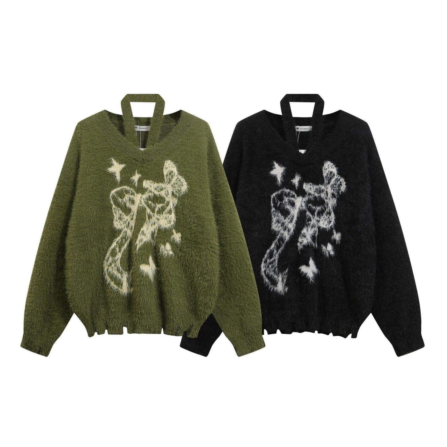 Real Shot Idle Style Bowknot Halter Strap Mink Sweater