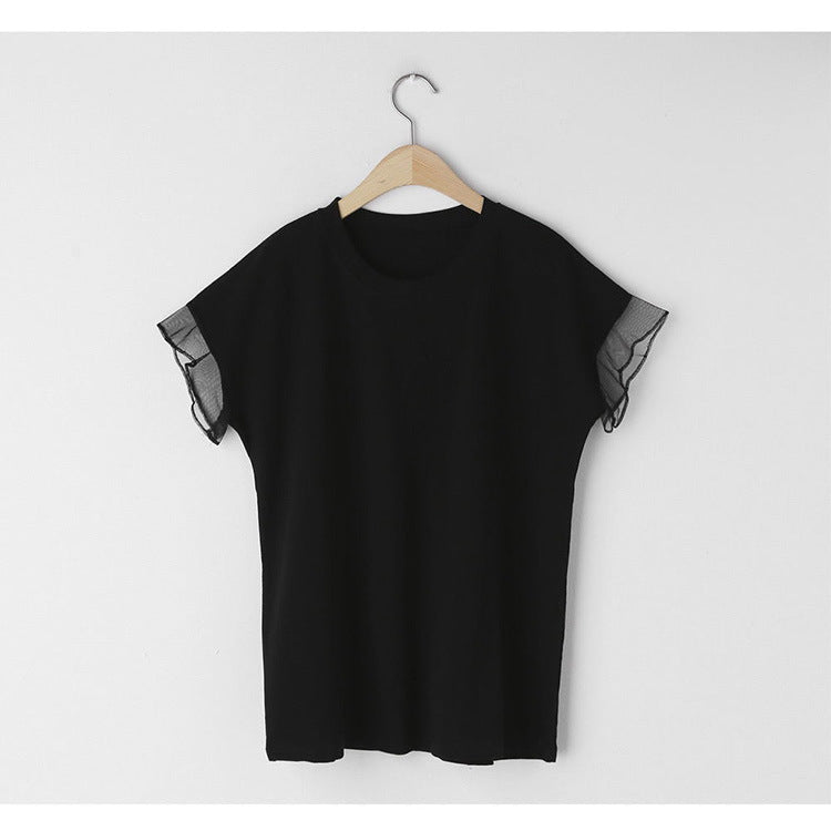 T-shirt til kvinder med rund hals, mesh-flæseærmer og ensfarvet design