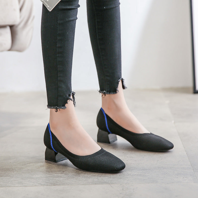Square Toe Mid-heel Cross-border Foreign Trade Flyknit Leopard Print Chunky Heel Comfortable Woven Women's High Heels