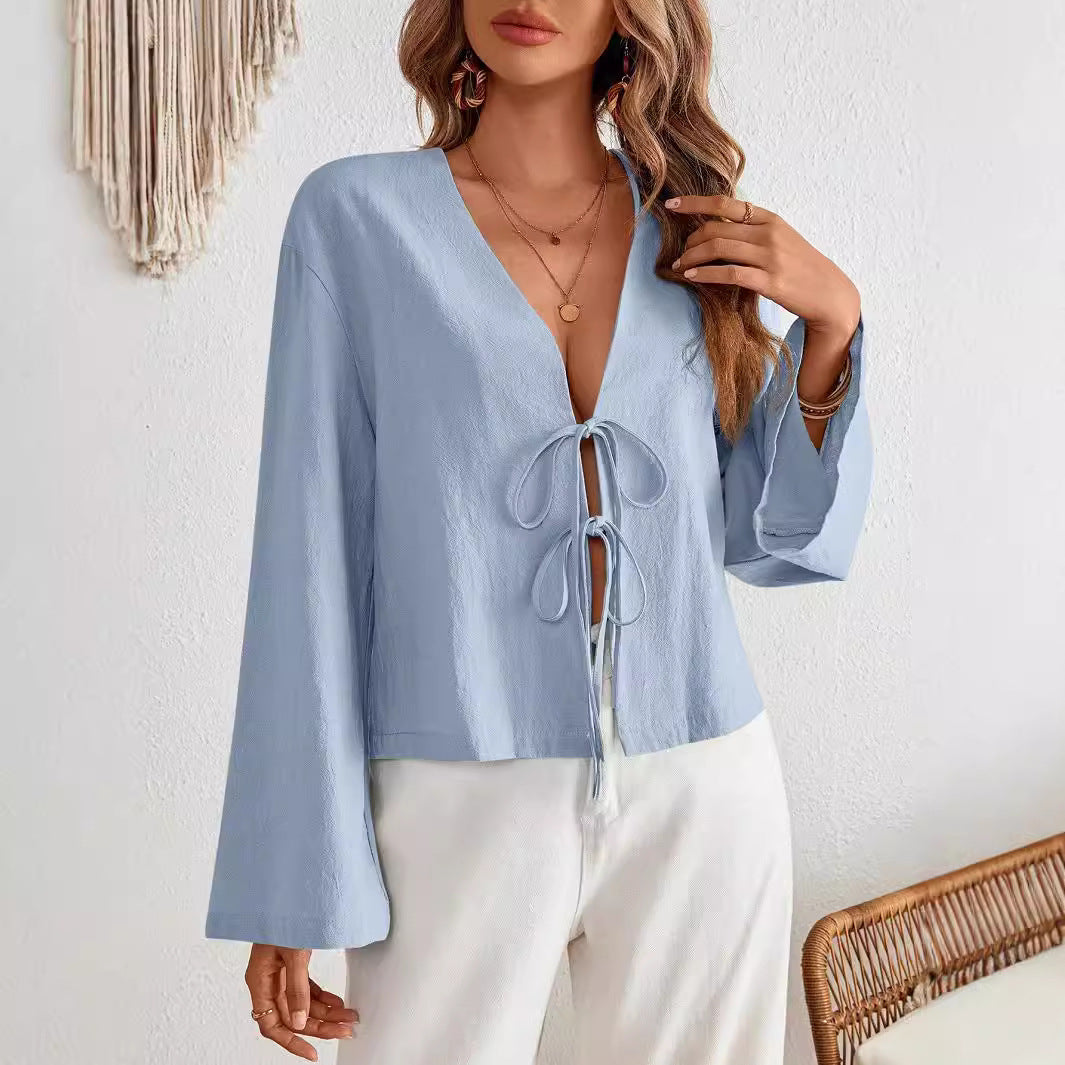 Womens Casual Loose V-Neck Hollowed Solid-Color Shirt