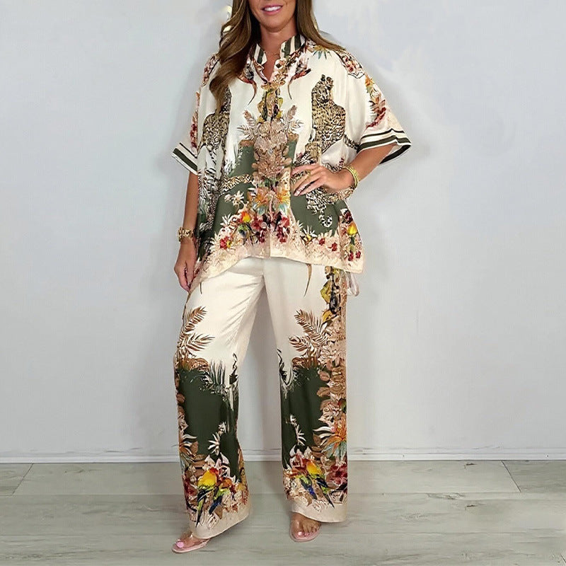 Fashionable Casual Printed Button-up Shirt And Straight-leg Pants Set