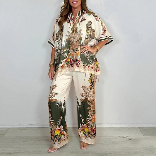 Fashionable Casual Printed Button-up Shirt And Straight-leg Pants Set