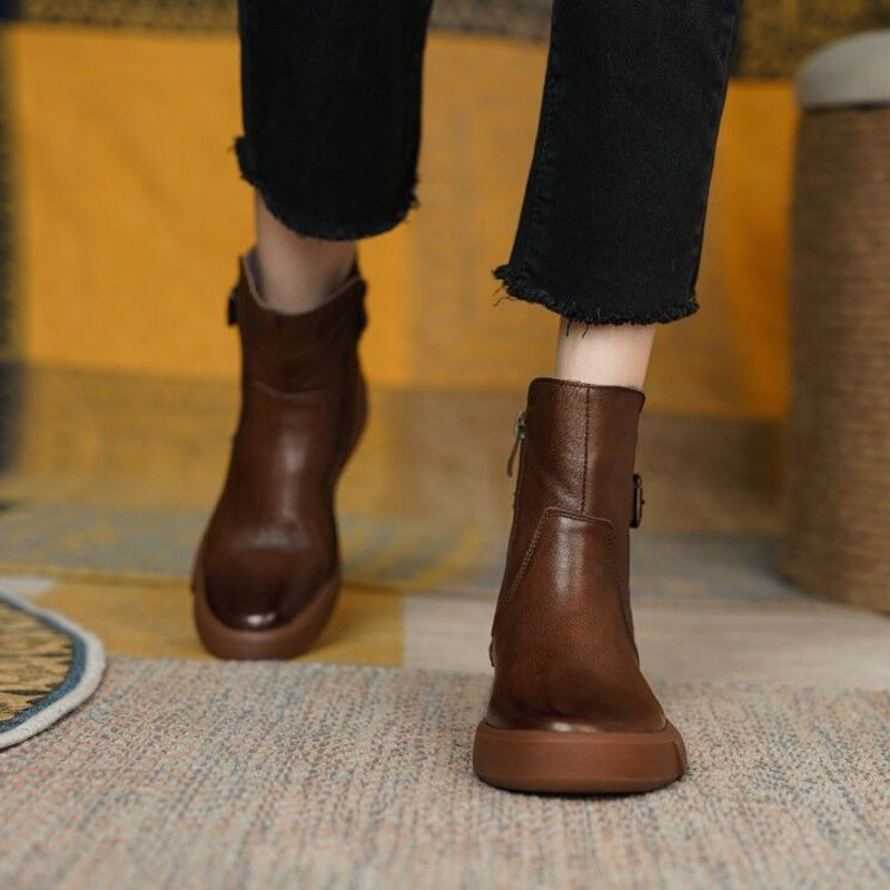 Vintage Shoes Women Ankle Boots With Buckle Side Zipper
