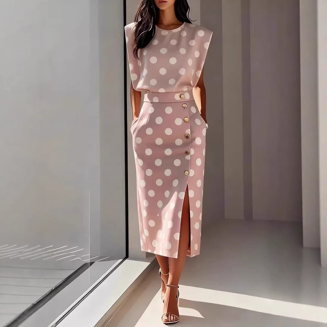 Womens Printed Sleeveless Top And Slit Long Skirt Set