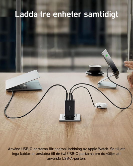 Anker USB C Charger (Nano II 65W) Pod 3 Ports PPS Fast Charger, Compact USB-C Power Supply for MacBook Pro, iPad Pro, Steam Deck, Galaxy S20, Dell XPS 13, Note 20/10+, iPhone 15, Pixel (Svart)