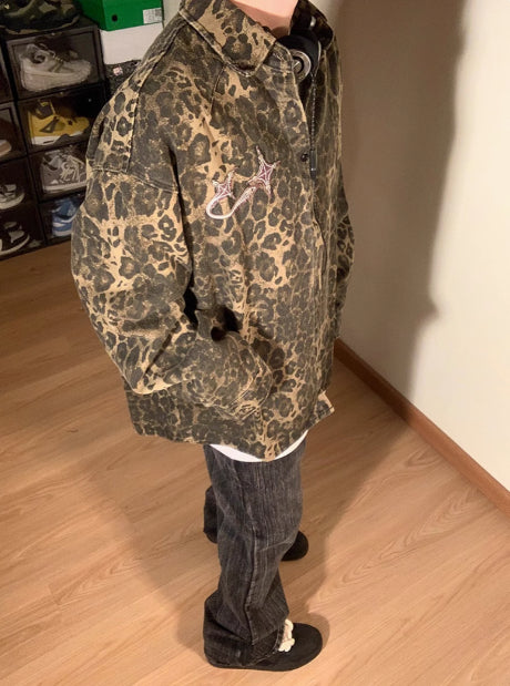 Vintage Leopard Print Water-washing Embroidery Denim Coat
