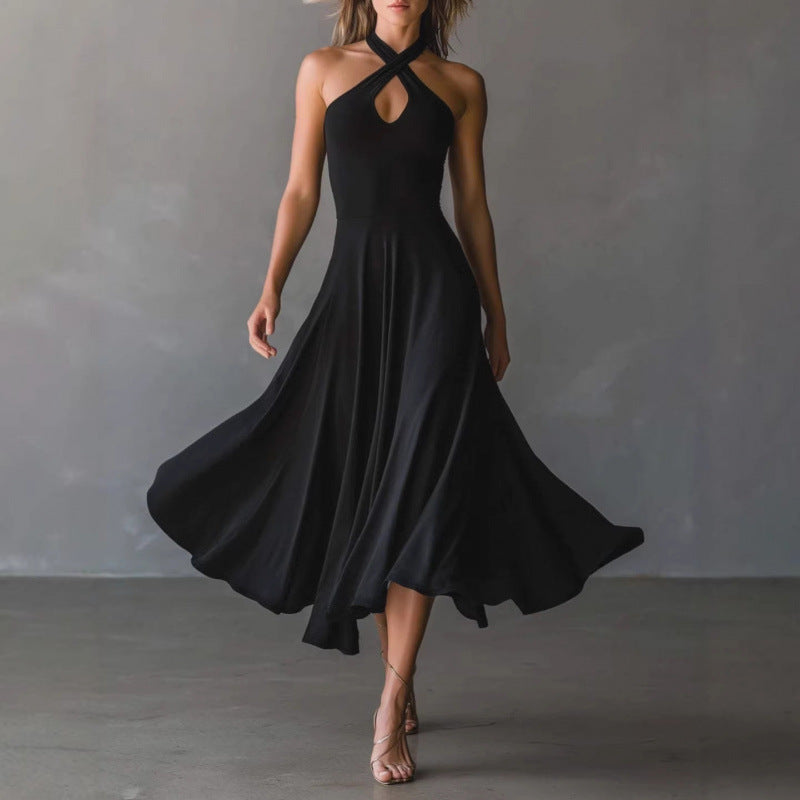 Womens Retro Elegant High-Neck A-Line Long Dress