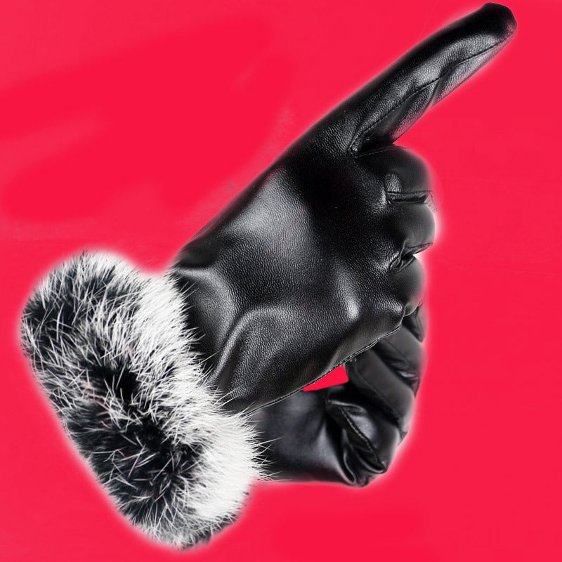 Touch Screen Leather Warm And Velvet Fashion  Leather Gloves