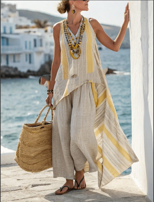 Fashionable Casual Dopamine Holiday-Style Petite Linen Two-Piece Set
