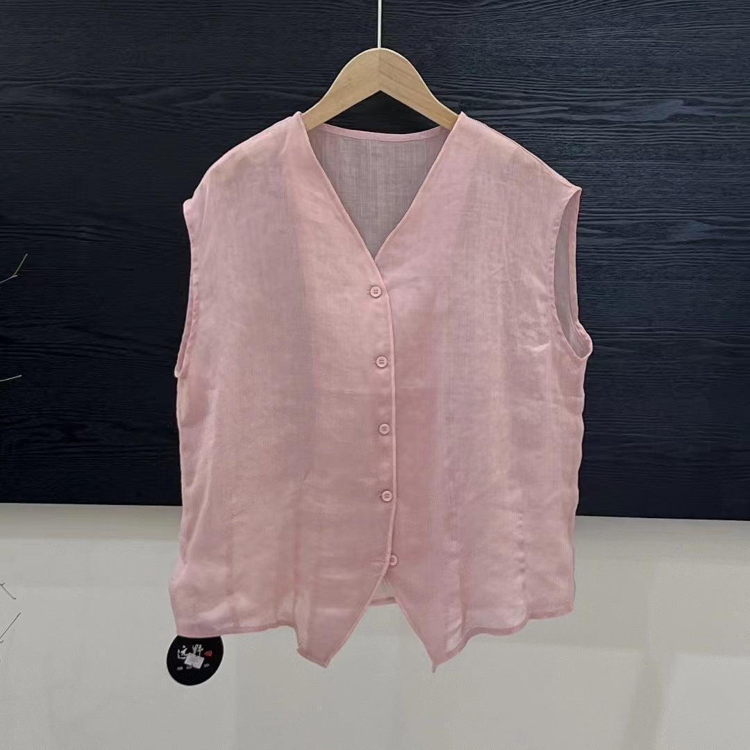 V-neck Sleeveless Solid Color Loose Cardigan Simple Single-breasted Top