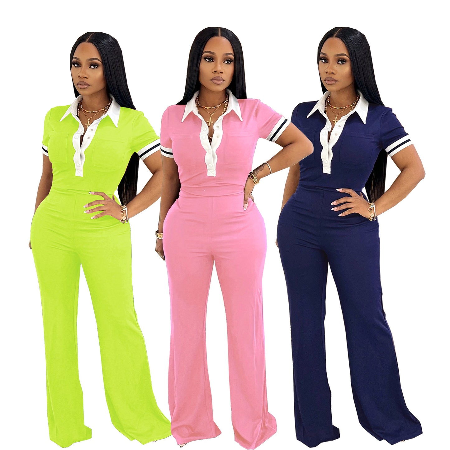 Polo Collar Top High-waisted Wide-leg Pants Color-blocking Casual Two-piece Set