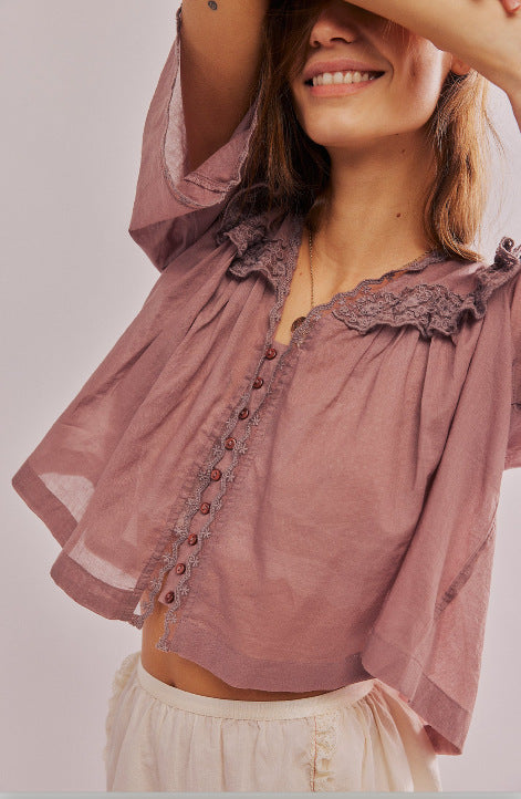 Lace-trimmed Collar Loose-fitting Fashionable Pleated Top For Women