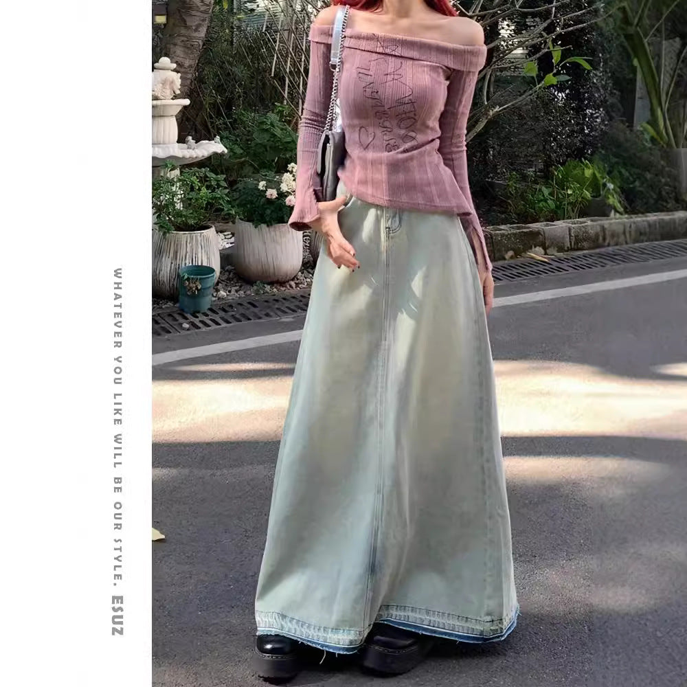 Light Color Retro Washed Denim Skirt For Women