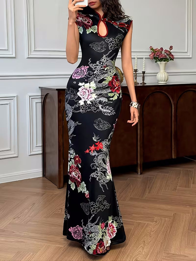 Womens Dragon-Pattern Digital-Print Stand-Collar Modified Chinese Cheongsam