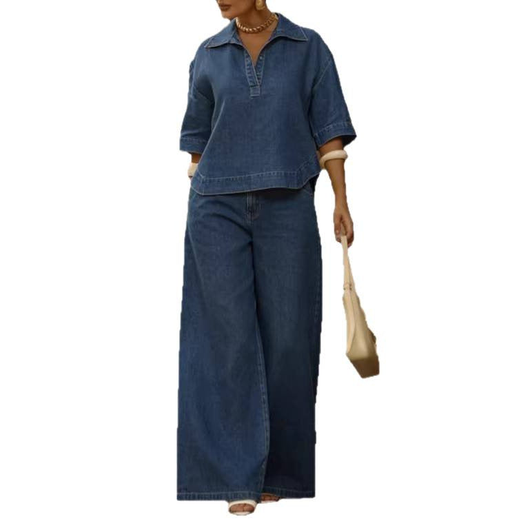 Womens Casual Fashion Denim Top And Wide-Leg Pants Two-Piece Set