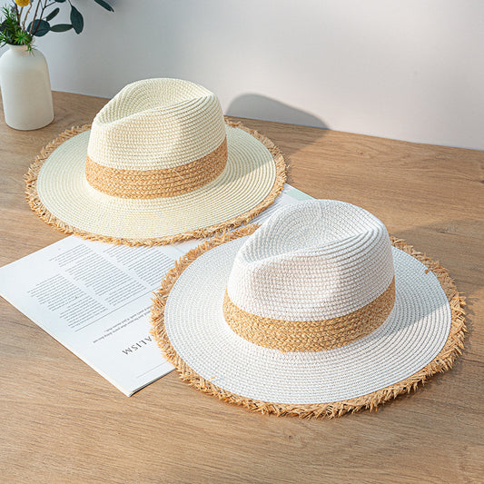 Retro Colorblock Raw Edge Sunscreen Straw Hat