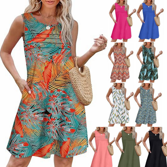 Casual Crew-Neck Pleated Sleeveless Printed Pocket Dress