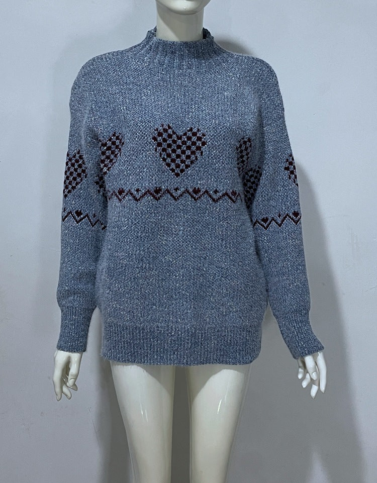 Embroidered Jacquard Pullover Loose Bottoming Shirt Mock Neck Sweater Coat
