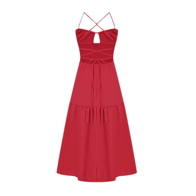 Spaghetti Strap Backless Long Solid Color Flowy Dress