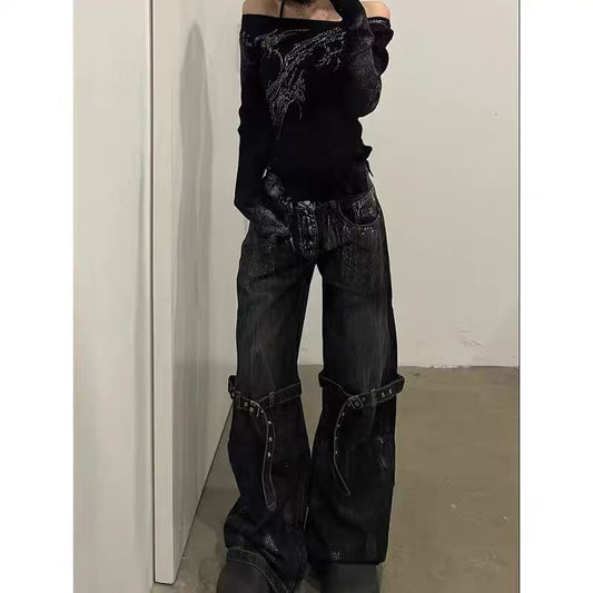 Retro Jeans Lace-up Deconstructed Wide-leg Pants Loose Trousers