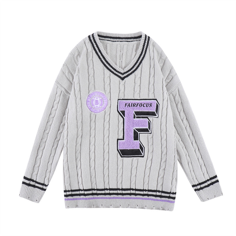 Letter Embroidery Color Blocking V-neck Pullover Sweater For Men