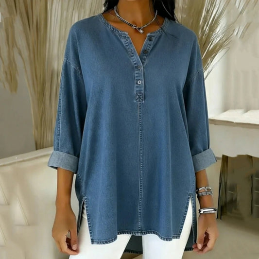 Washed Denim Irregular Long Sleeved Women's Shirt