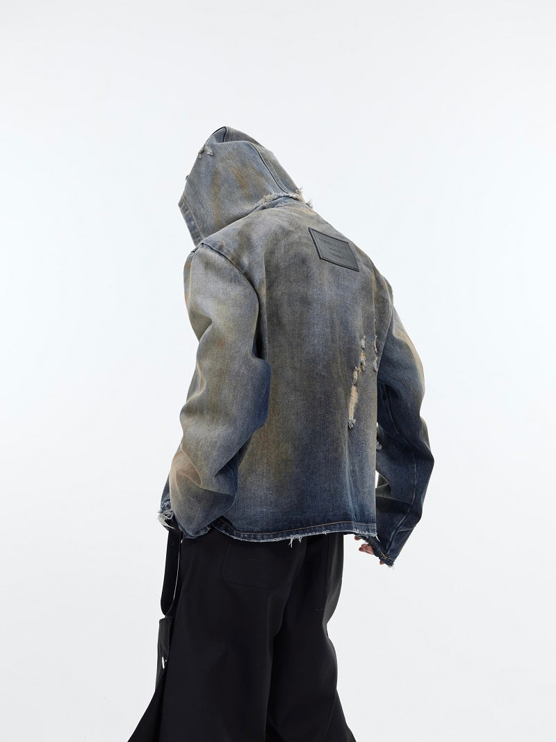 Design Sense Padded Shoulder Heavy Retro Distressed Hooded Denim Jacket