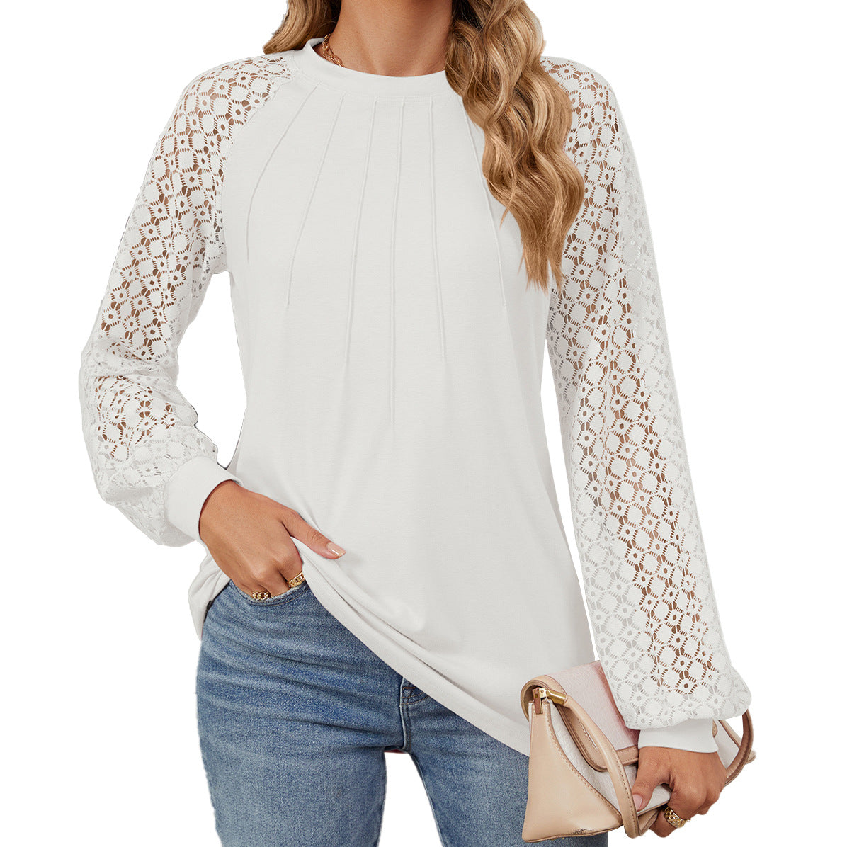 Ny blondelangærmet T-shirt med rund hals, moderigtig løs ensfarvet pullover-top til dametøj