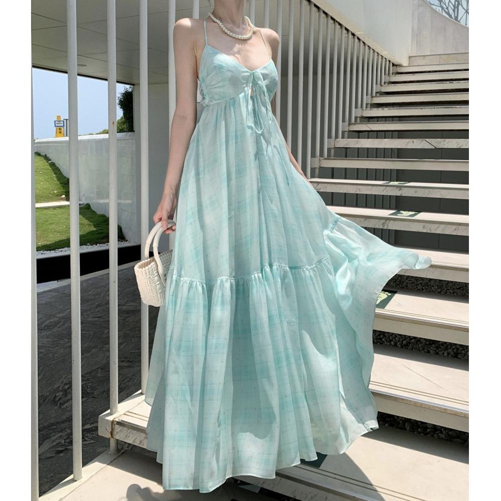 Womens Backless Halter-Neck Slip Dress With Built-in Bra Pads