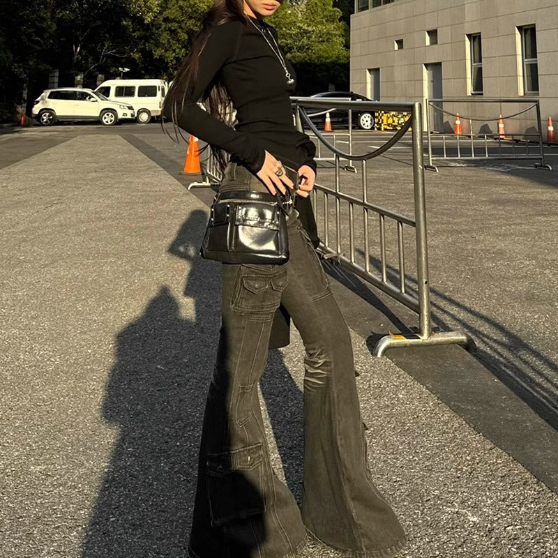 American Retro Multi-pocket Low-waist Slightly Flared Pants