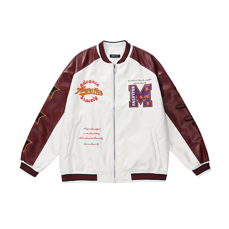 American Letter Embroidery Baseball Uniform PU Leather Jacket