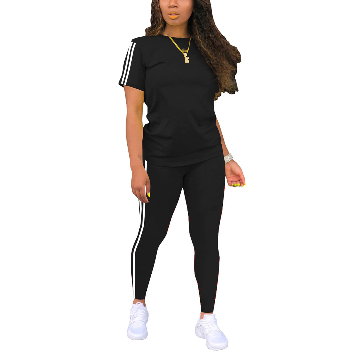 Round Neck Short-sleeved Top With Trousers Suit Side Stickers Women's Two-piece Suit