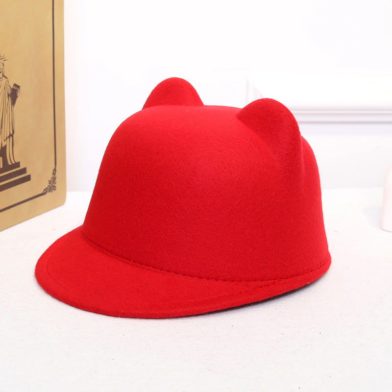 Women's Dome Retro Woolen Peaked Cap Cute Cat Ears Equestrian Hat