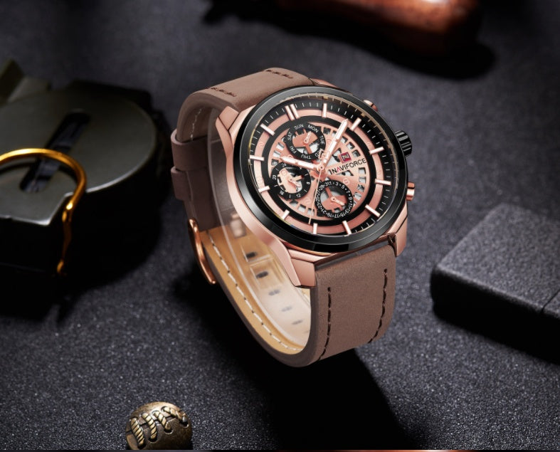 Ling Xiang NAVIFORCE new men's three-needle hollow design leather strap waterproof sports watch