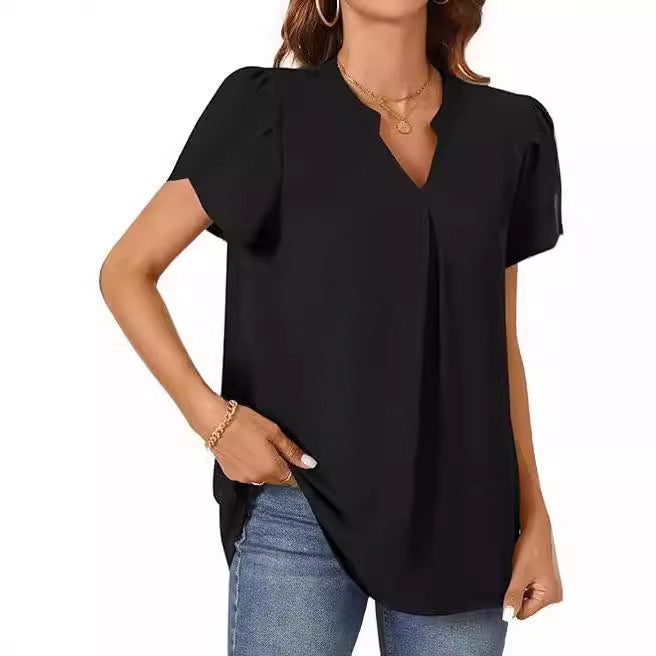 Kvinders enkle moderigtige løse V-hals t-shirt med kronbladsærmer og korte ærmer