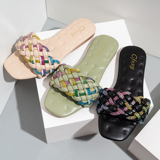 Fashion Square Head Colorful Diamond Embroidery Thread Flat Sandals