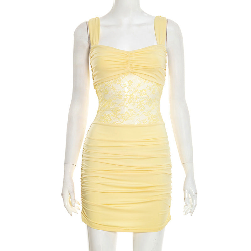 Summer New Solid Color Sexy Lace-Patchwork Sleeveless Bodycon Sheath Short Dress