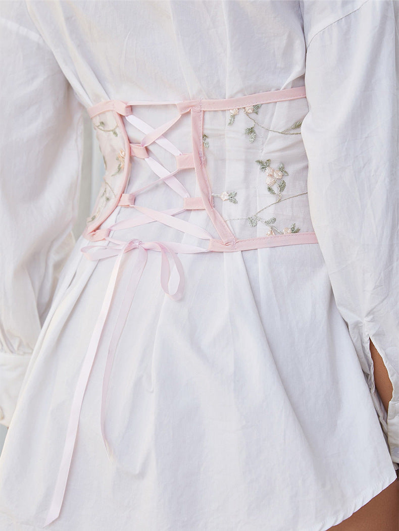 Fashion Girdle Female Embroidered Elastic Mesh Hollow Belt