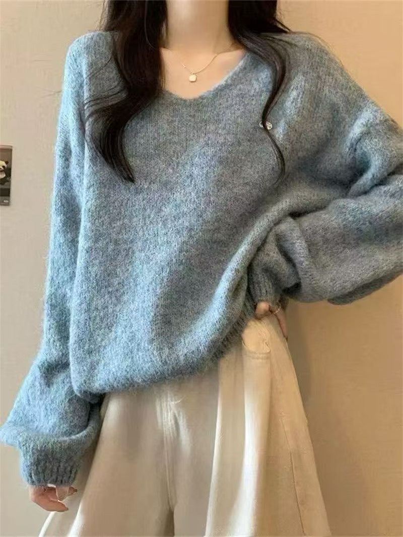 Loose V-neck Fluffy Versatile Casual Minimalist Knit Top