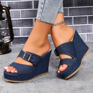 Women's Thick Bottom Summer Wedge Plus Size Belt Buckle Fashion Slippers