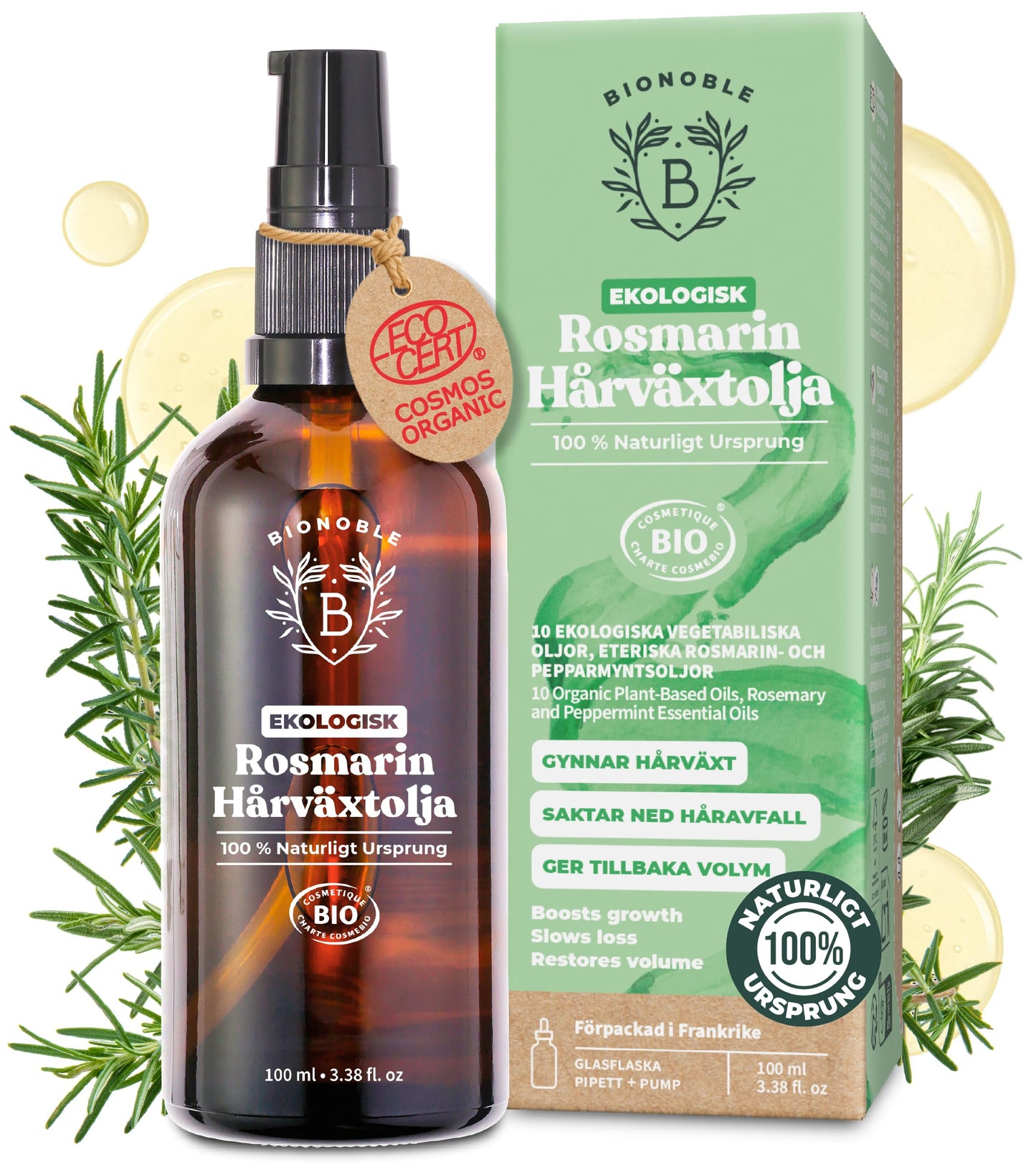 Ekologisk Rosmarinolja för Hår - Främjar Tillväxt & Minskar Håravfall - Eterisk Rosmarinolja, Ricino, Argan och Jojoba - Glasflaska med Pipett + Pump - Organic Hair Growth Oil - 100ml