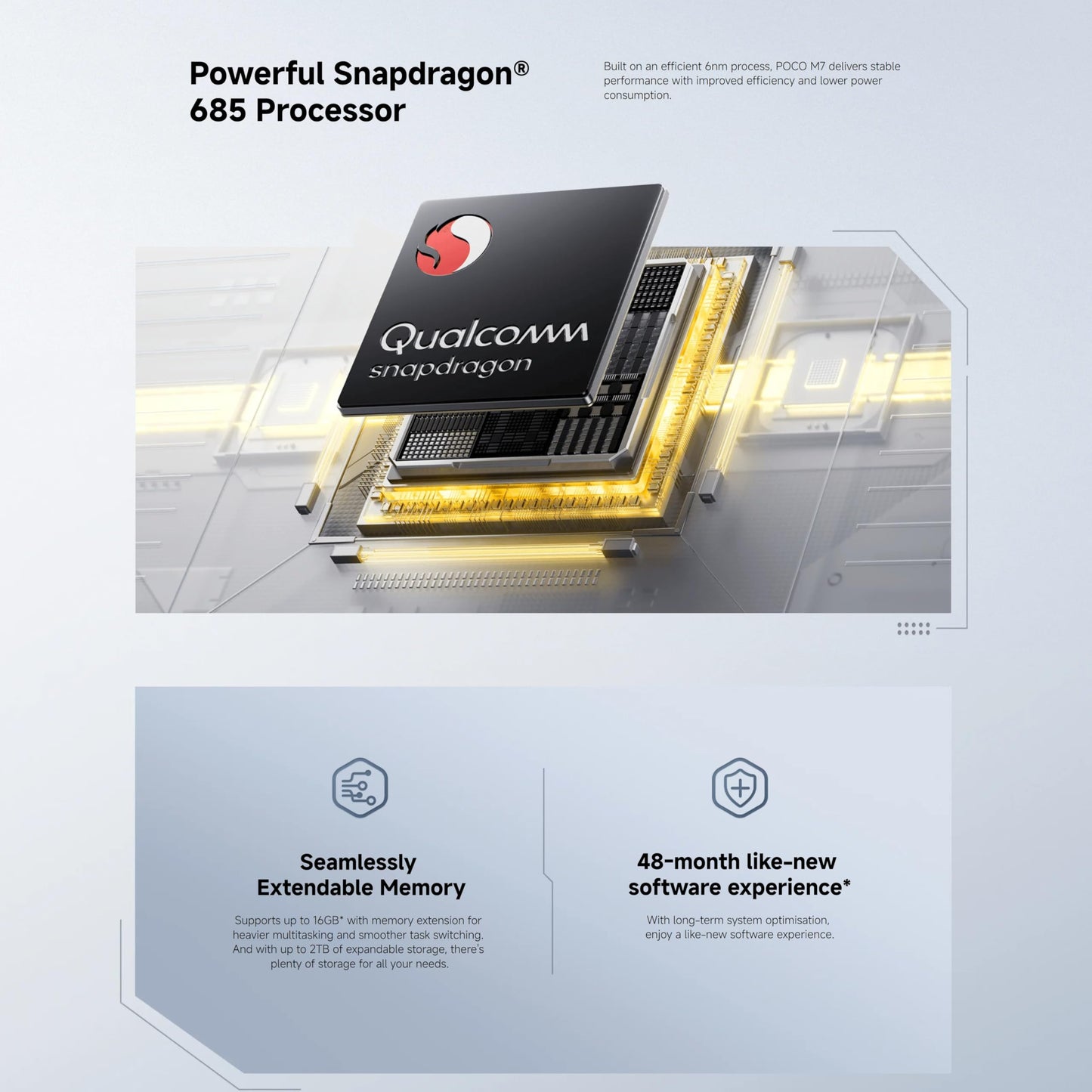 Xiaomi POCO M7, Smartphone 6+128 GB, 6,9 tums FHD+ 144 Hz skärm, Snapdragon 685, 50 MP AI dubbelkamera, 7000 mAh, silver, laddare ingår inte
