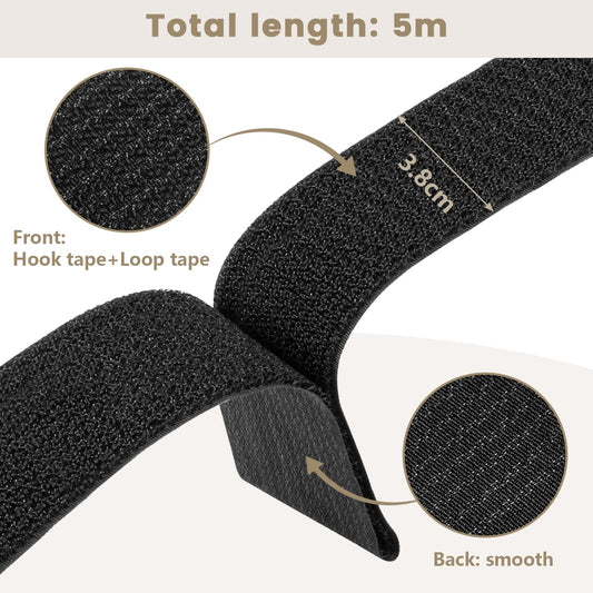 ZSURLUX Återanvändbara kabelband 3,8 cm x 5 m med 15 spännen, kraftiga justerbara krok- och ögla-trådremmar för kabelprydnad, artikelorganisering, utomhusbindning, svart