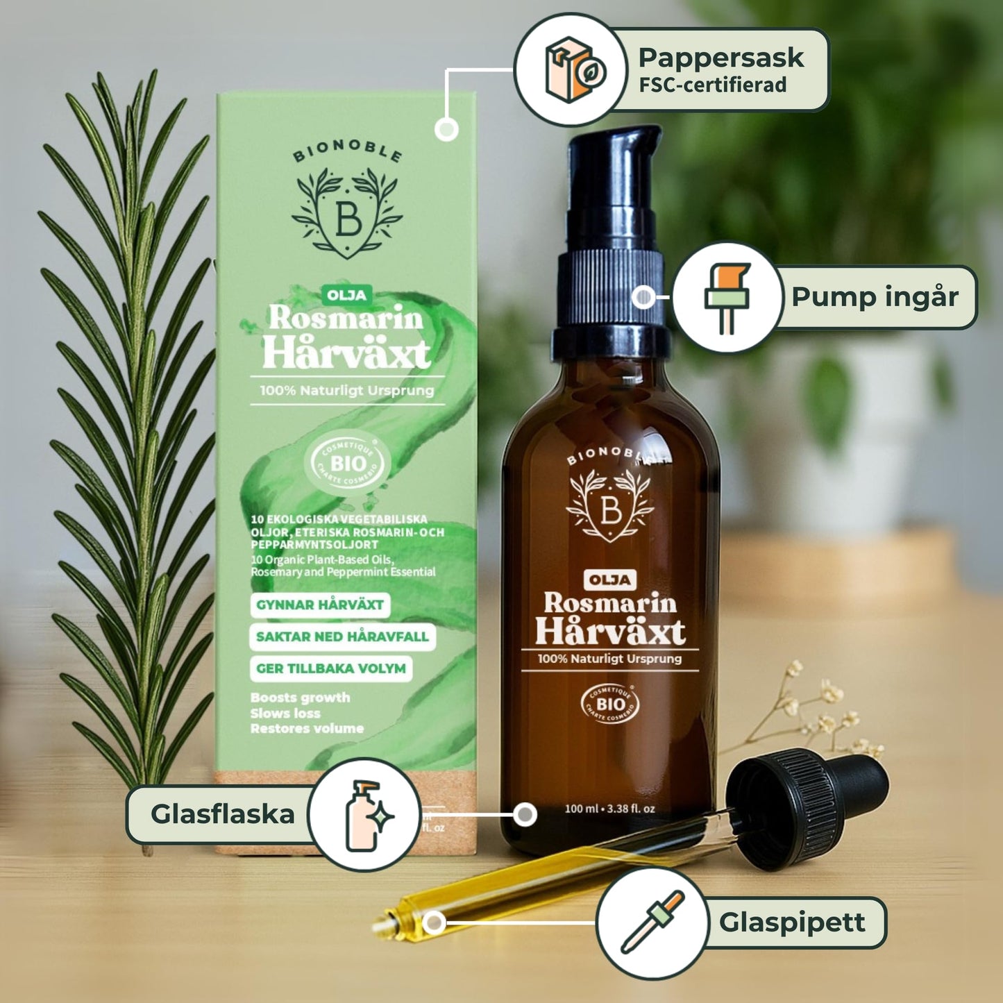 Ekologisk Rosmarinolja för Hår - Främjar Tillväxt & Minskar Håravfall - Eterisk Rosmarinolja, Ricino, Argan och Jojoba - Glasflaska med Pipett + Pump - Organic Hair Growth Oil - 100ml