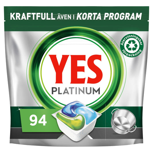 Yes Platinum All In One Maskindiskmedel, 94 Diskmaskinstabletter, För Tuffa Utmaningar, Rengör Till och med Flottiga Filter