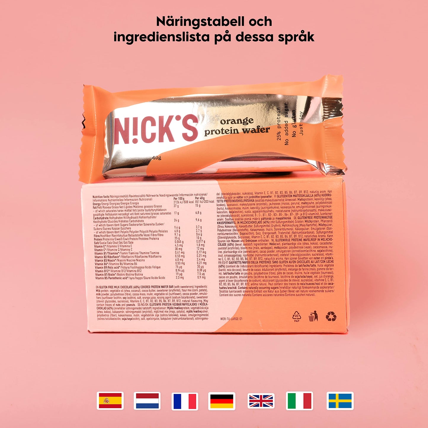 NICKS Protein Wafer Bar | 25% Protein | 203 Calories | Low carb Choklad Kexbar Snack utan tillsatt socker, glutenfri (Orange, (24x40g))